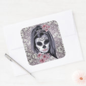 グレー/ピンクの砂糖スカル/死んだ女の子の日ステッカー スクエアシール (封筒)