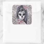 グレー/ピンクの砂糖スカル/死んだ女の子の日ステッカー スクエアシール (バッグ)