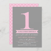 グレー&ピンクパターモダンン1誕生日招待状 招待状 (正面/裏面)