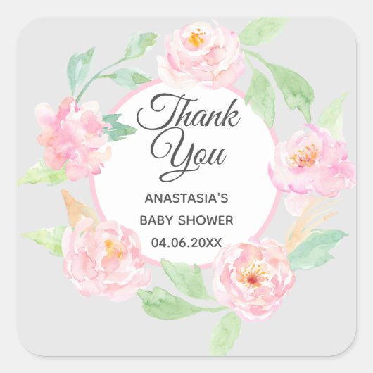 グレー&ピンクフローラリースサンキューベイビーシャワー スクエアシール (正面)