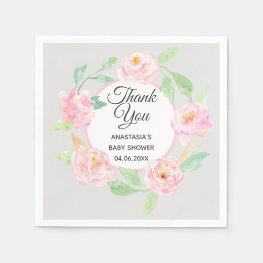 グレー&ピンクフローラリースサンキューベイビーシャワー スタンダードカクテルナプキン (正面)
