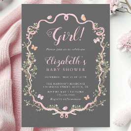 グレー&ピンクブロッサムフローラガールベビーシャワー 招待状