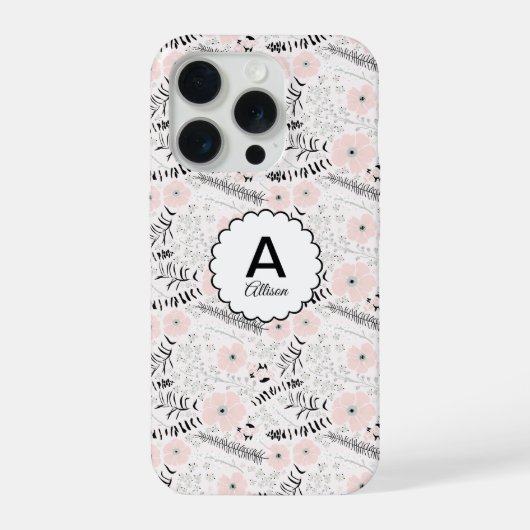 グレー ピンク 幻想的な花のモノグラム iPhoneケース (裏面)