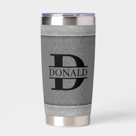 グレー フェイクレザー ステッチ モノグラム オーダーネーム 保温保冷タンブラー (正面)