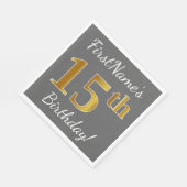 グレー、フェイク金ゴールド15番目の誕生日+名前をカスタムする スタンダードランチョンナプキン (角)