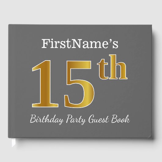 グレー、フェイク金ゴールド15th誕生日パーティー+名前をカスタムする ゲストブック (正面)