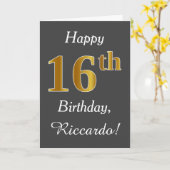 グレー、フェイク金ゴールド16番目の誕生日+名前をカスタムする カード (黄色い花)