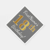 グレー、フェイク金ゴールド18番目の誕生日+名前をカスタムする スタンダードランチョンナプキン (角)