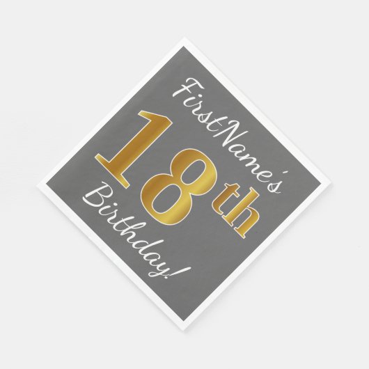 グレー、フェイク金ゴールド18番目の誕生日+名前をカスタムする スタンダードランチョンナプキン (角)