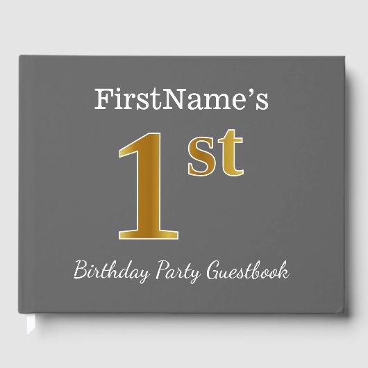 グレー、フェイク金ゴールド1st誕生日パーティー+名前をカスタムする ゲストブック (正面)