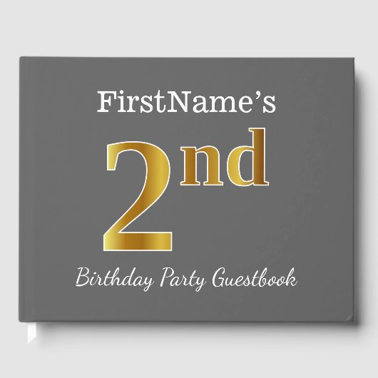 グレー、フェイク金ゴールド2回目の誕生日パーティー+名前をカスタムする ゲストブック (正面)