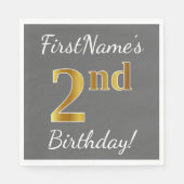 グレー、フェイク金ゴールド2回目の誕生日+名前をカスタムする スタンダードランチョンナプキン (正面)