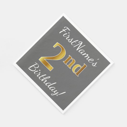 グレー、フェイク金ゴールド2回目の誕生日+名前をカスタムする スタンダードランチョンナプキン (角)
