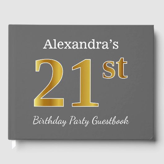 グレー、フェイク金ゴールド21歳の誕生日パーティー+名前をカスタムする ゲストブック (正面)