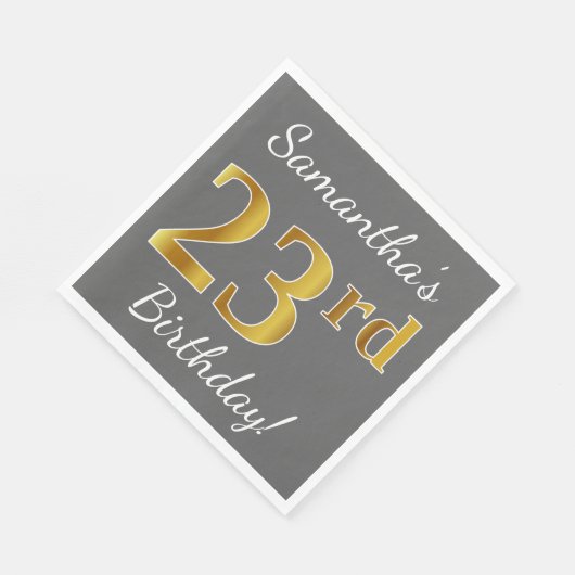 グレー、フェイク金ゴールド23番目の誕生日+名前をカスタムする スタンダードランチョンナプキン (角)