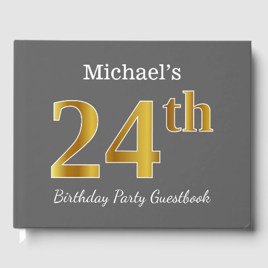 グレー、フェイク金ゴールド24th誕生日パーティー+名前をカスタムする ゲストブック (正面)