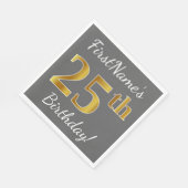 グレー、フェイク金ゴールド25番目の誕生日+名前をカスタムする スタンダードランチョンナプキン (角)