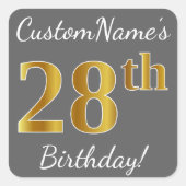 グレー、フェイク金ゴールド28番目の誕生日+名前をカスタムする スクエアシール (正面)