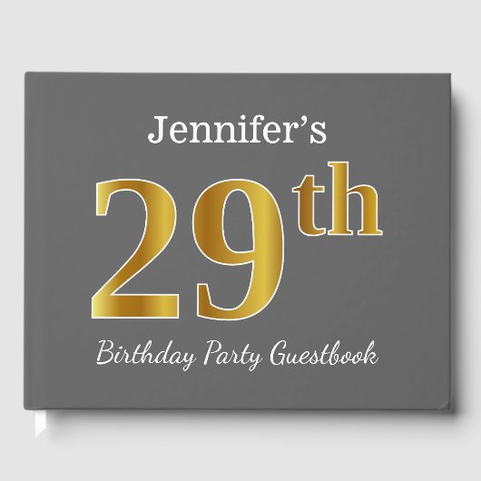 グレー、フェイク金ゴールド29th誕生日パーティー+名前をカスタムする ゲストブック (正面)