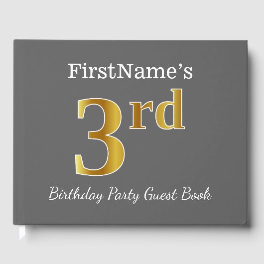グレー、フェイク金ゴールド3回目の誕生日パーティー+名前をカスタムする ゲストブック (正面)
