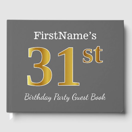 グレー、フェイク金ゴールド31th誕生日パーティー+名前をカスタムする ゲストブック (正面)