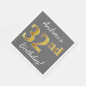グレー、フェイク金ゴールド32番目の誕生日+名前をカスタムする スタンダードランチョンナプキン (角)