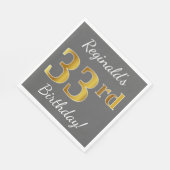 グレー、フェイク金ゴールド33番目の誕生日+名前をカスタムする スタンダードランチョンナプキン (角)