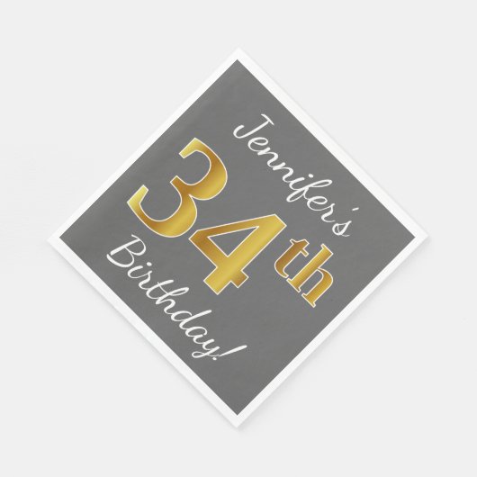 グレー、フェイク金ゴールド34番目の誕生日+名前をカスタムする スタンダードランチョンナプキン (角)