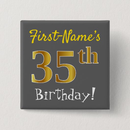 グレー、フェイク金ゴールド35番目の誕生日、名前をカスタムする付き 缶バッジ (正面)