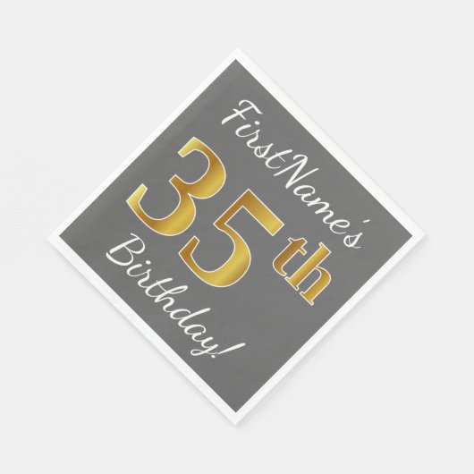 グレー、フェイク金ゴールド35番目の誕生日+名前をカスタムする スタンダードランチョンナプキン (角)