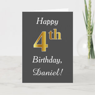 グレー、フェイク金ゴールド4歳の誕生日+名前をカスタムする カード