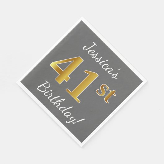 グレー、フェイク金ゴールド41番目の誕生日+名前をカスタムする スタンダードランチョンナプキン (角)
