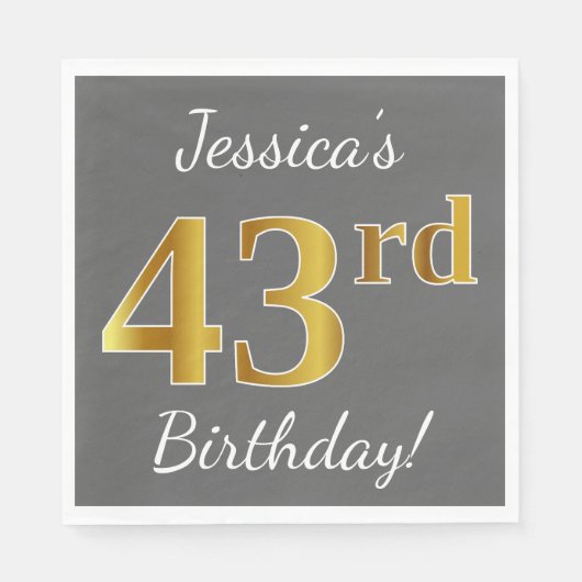 グレー、フェイク金ゴールド43番目の誕生日+名前をカスタムする スタンダードランチョンナプキン (正面)