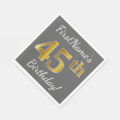グレー、フェイク金ゴールド45番目の誕生日+名前をカスタムする スタンダードランチョンナプキン (角)