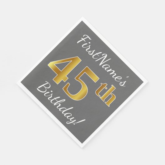 グレー、フェイク金ゴールド45番目の誕生日+名前をカスタムする スタンダードランチョンナプキン (角)