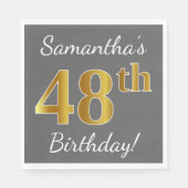 グレー、フェイク金ゴールド48番目の誕生日+名前をカスタムする スタンダードランチョンナプキン (正面)
