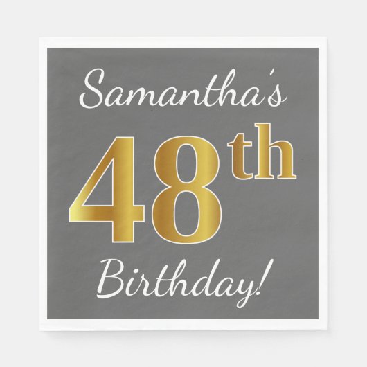 グレー、フェイク金ゴールド48番目の誕生日+名前をカスタムする スタンダードランチョンナプキン (正面)