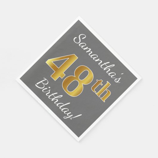 グレー、フェイク金ゴールド48番目の誕生日+名前をカスタムする スタンダードランチョンナプキン (角)