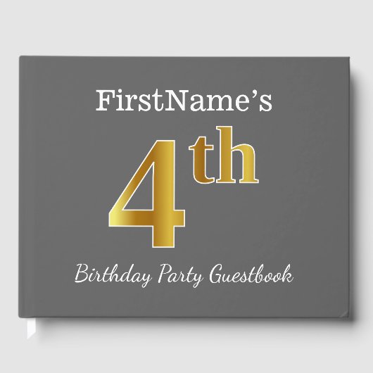 グレー、フェイク金ゴールド4th誕生日パーティー+名前をカスタムする ゲストブック (正面)