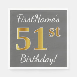 グレー、フェイク金ゴールド51番目の誕生日+名前をカスタムする スタンダードランチョンナプキン