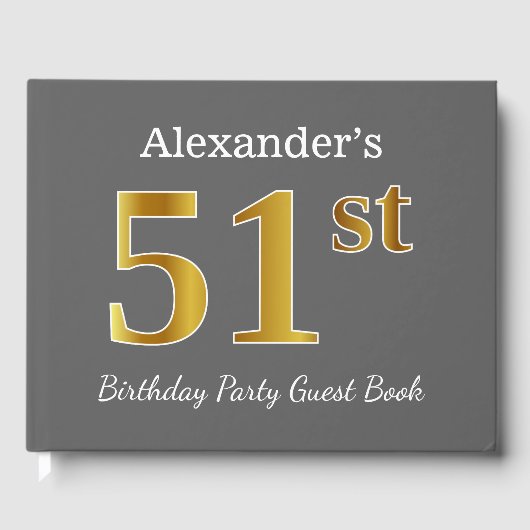 グレー、フェイク金ゴールド51st誕生日パーティー+名前をカスタムする ゲストブック (正面)