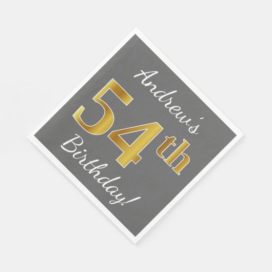 グレー、フェイク金ゴールド54番目の誕生日+名前をカスタムする スタンダードランチョンナプキン (角)