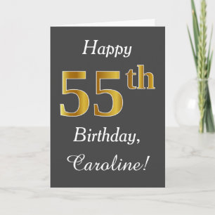 グレー、フェイク金ゴールド55番目の誕生日+名前をカスタムする カード