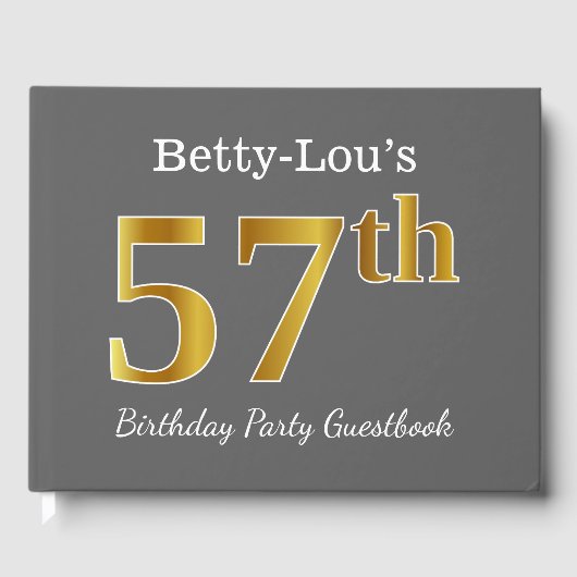 グレー、フェイク金ゴールド57th誕生日パーティー+名前をカスタムする ゲストブック (正面)
