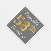 グレー、フェイク金ゴールド58番目の誕生日+名前をカスタムする スタンダードランチョンナプキン (角)