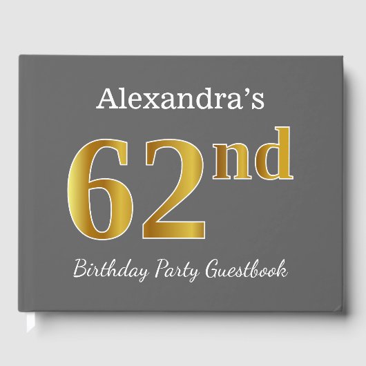 グレー、フェイク金ゴールド62nd誕生日パーティー+名前をカスタムする ゲストブック (正面)