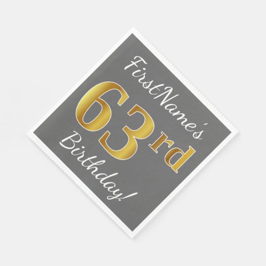 グレー、フェイク金ゴールド63番目の誕生日+名前をカスタムする スタンダードランチョンナプキン (角)