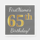 グレー、フェイク金ゴールド65番目の誕生日+名前をカスタムする スタンダードランチョンナプキン (正面)