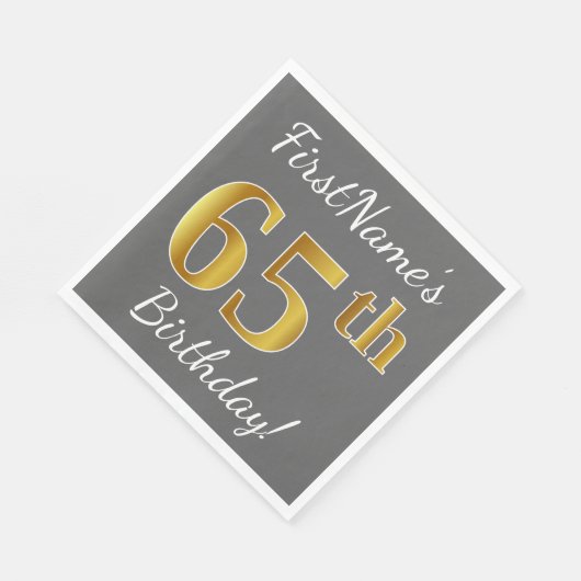 グレー、フェイク金ゴールド65番目の誕生日+名前をカスタムする スタンダードランチョンナプキン (角)