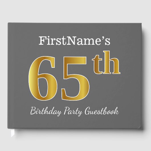グレー、フェイク金ゴールド65th誕生日パーティー+名前をカスタムする ゲストブック (正面)
